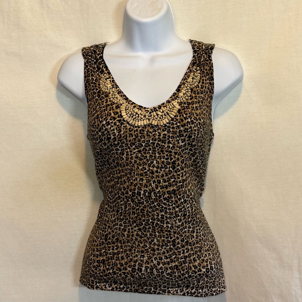 E-154 Cable & Gauge Tan Black & White Animal Print Sleeveless Beaded Blouse
